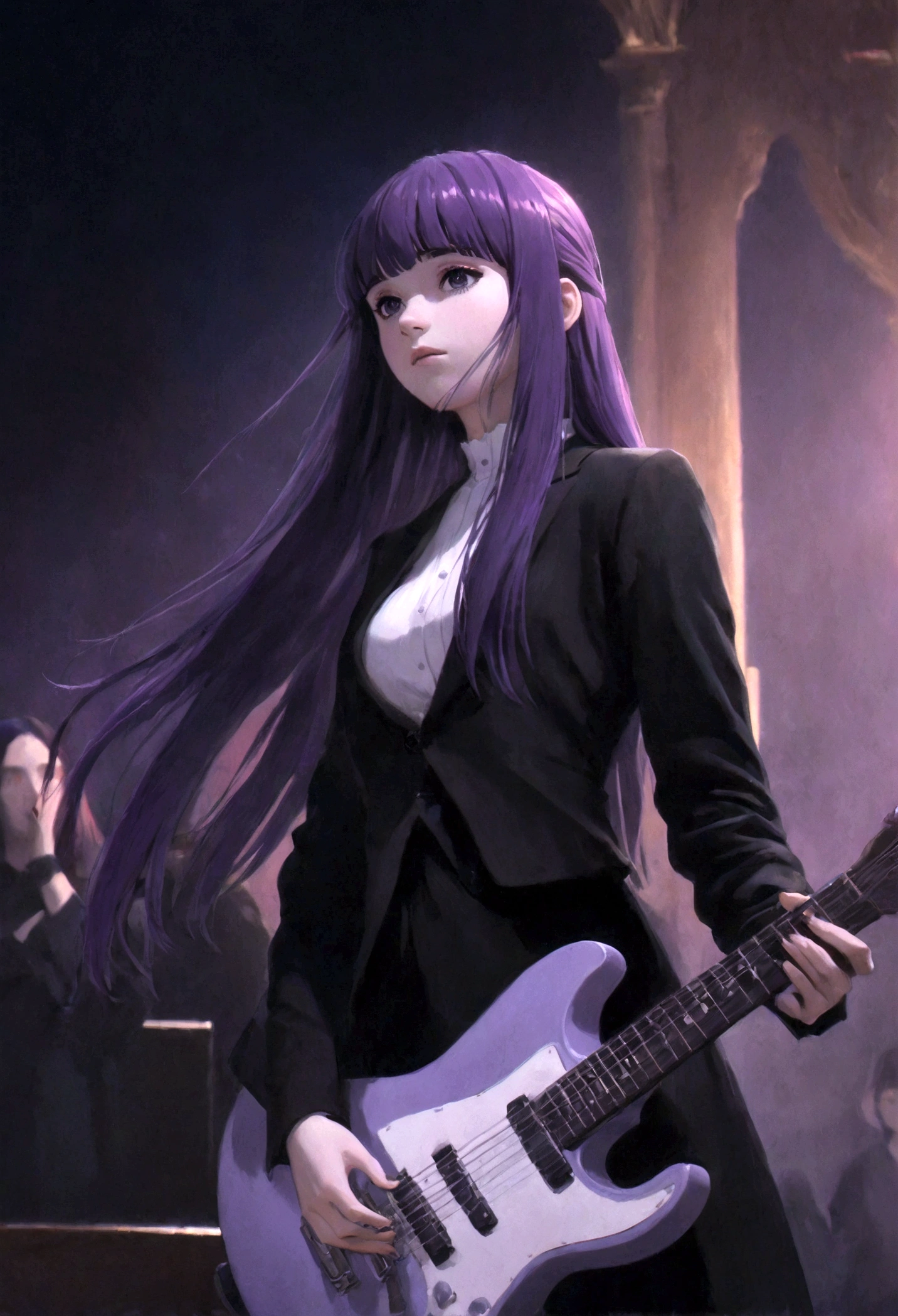 1girl, Fern, f3rn, FernFrieren, Frieren at the Funeral, Guitarist, stage, purple hair, long hair, straight hair, dramatic composition, cinematic dynamic action scene, vibrant colors, cinematic lighting, dramatic lighting, best quality, masterpiece, very aesthetic, perfect composition, intricate details, ultra-detailed