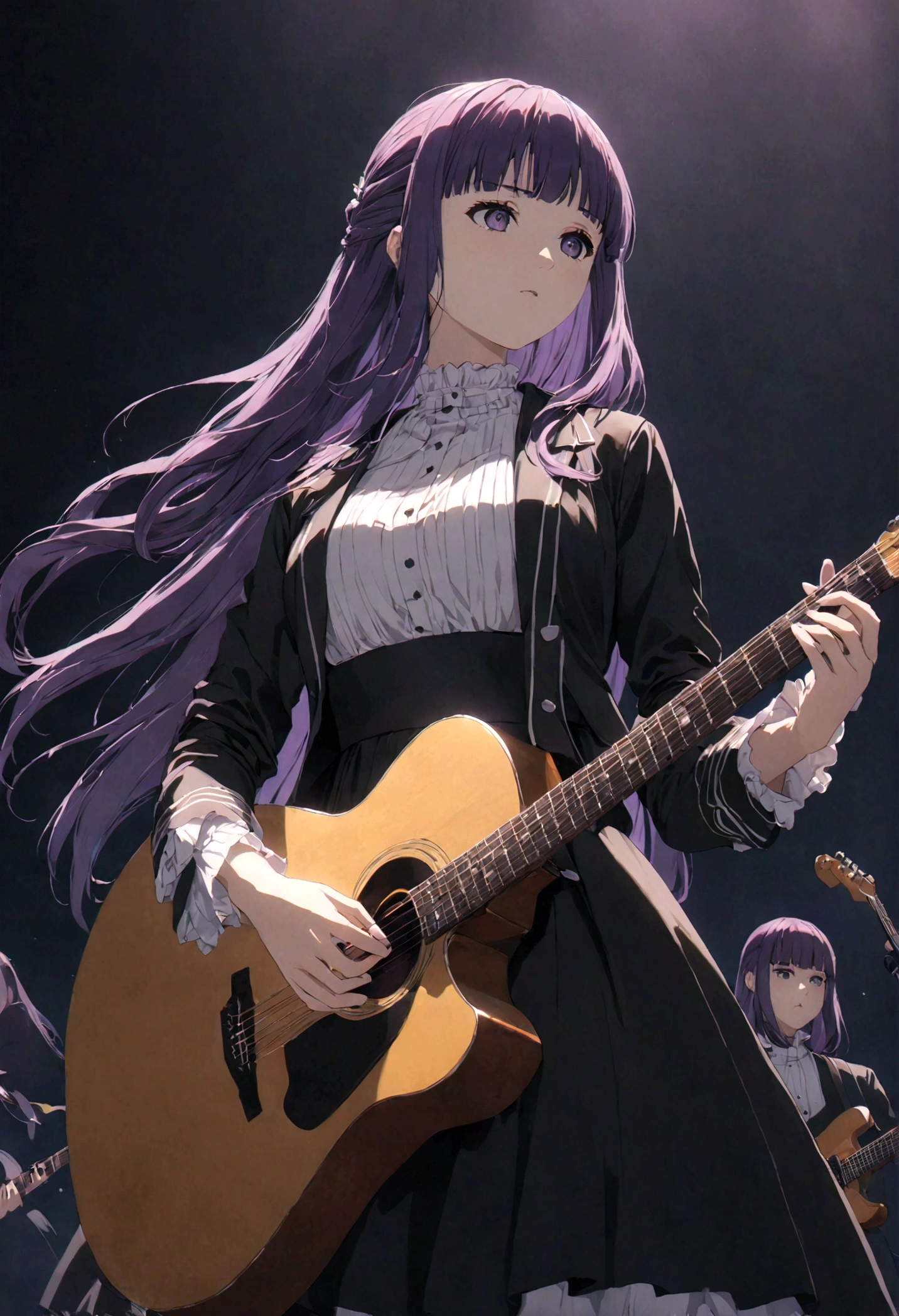 1girl, Fern, f3rn, FernFrieren, Frieren at the Funeral, Guitarist, on stage, purple hair, long hair, straight hair, dramatic composition, cinematic dynamic action scene, vibrant colors, cinematic lighting, dramatic lighting, best quality, masterpiece, very aesthetic, perfect composition, intricate details, ultra-detailed