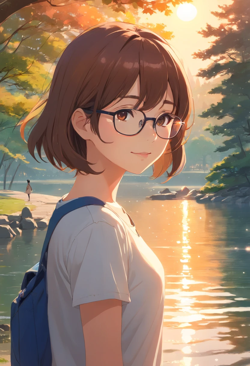 tmasterpiece, beste-Qualit, filmstill, 1 Girl , with brown hair,with glasses on,white t-shirt , giving him in park near a lake,a closeup of a, The vibrant, a happy, warm soft lighting, morning