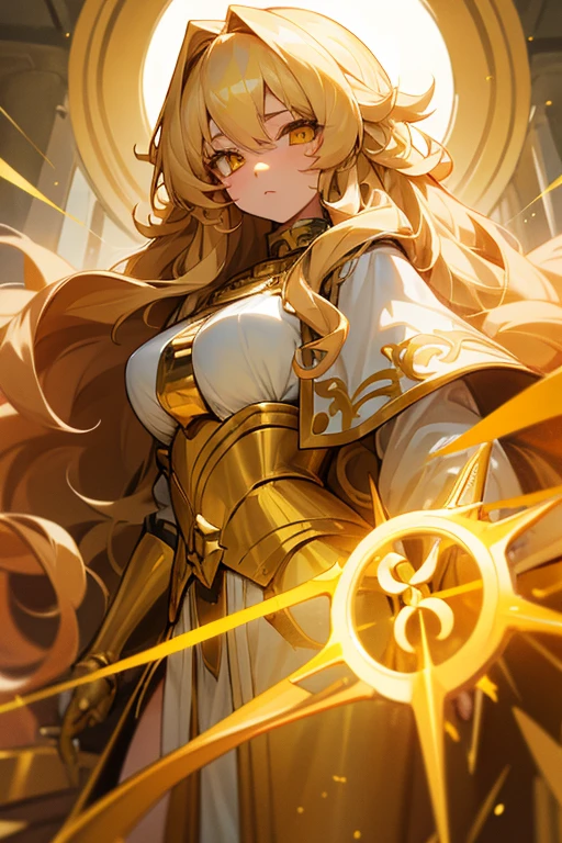 Girl, long blonde curly hair, yellow and golden eyes, white mantle, gold accessories, god