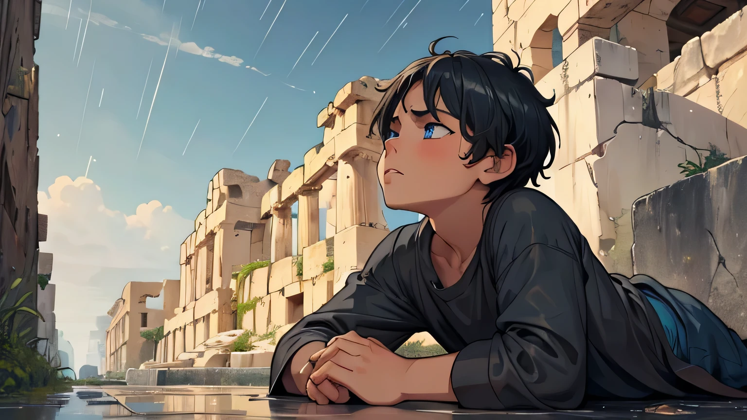 little boy with blue eyes dark gray hair in poor old brown clothes, from the 1st century lying on the ground looking up from a Greek city from the 1st century AD, begging and sick in the rain, grim face