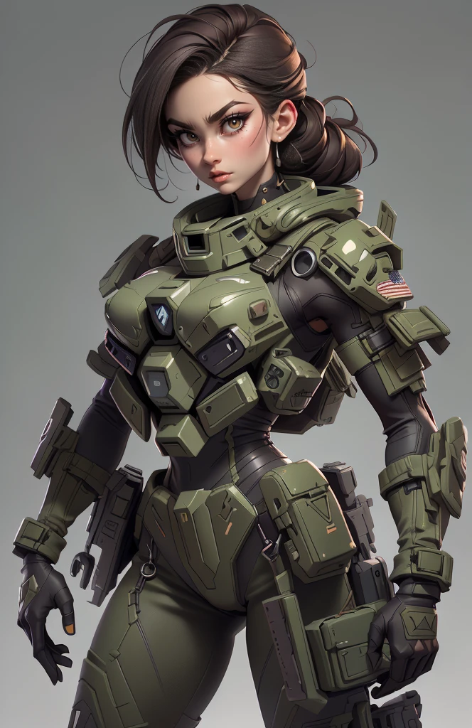 11:23(((Best quality: 1.4))),(Unparalleled tmasterpiece), (hyper HD),(Hyper-realistic 8k CG)、(dark colored hair) ((( body))), (((1 girl in))), 25-year-old American soldier with perfect body,,Beautiful and well groomed face,muscular body:1.2,army green with military decals and insignia, (Pictures from head to thighs), Complex equipment, military green ,long trousers,The clothes inside are dark,Clothes with armored metal electronic parts, Poison tattoos ),Gorgeous and fearless female warrior, fit and muscular body, military shirt, shoulder, Dark blonde hair, tattooed arms, Full detail on the face, Killing eyes, high detal, actual, Photoquality, high high quality, (photoactual:1.4), The content is very detailed, tmasterpiece, high high quality shadow, military mech background.