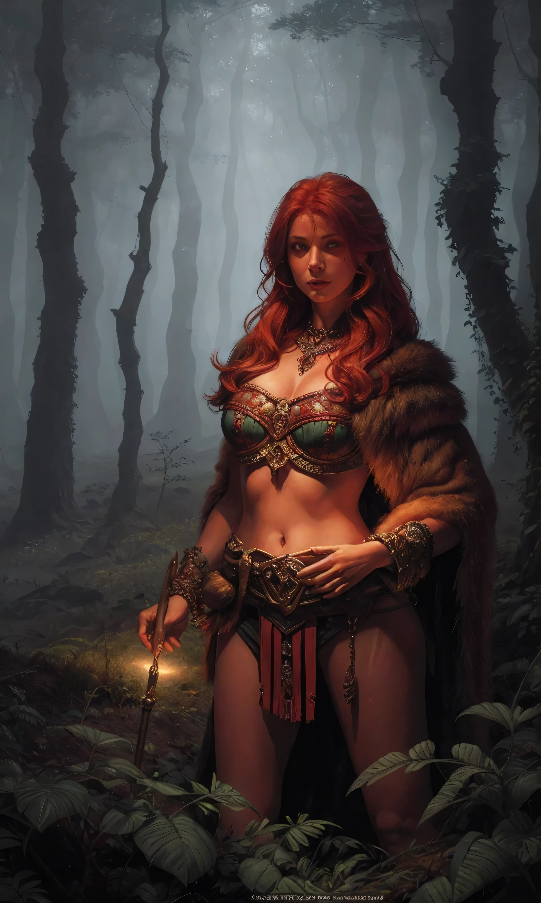 A cavewoman wearing animal skin has long red hair blue eyes and she is 3 m tall she is quite muscular and she has Big boobs and a huge ass and big thighs and a huge hip 