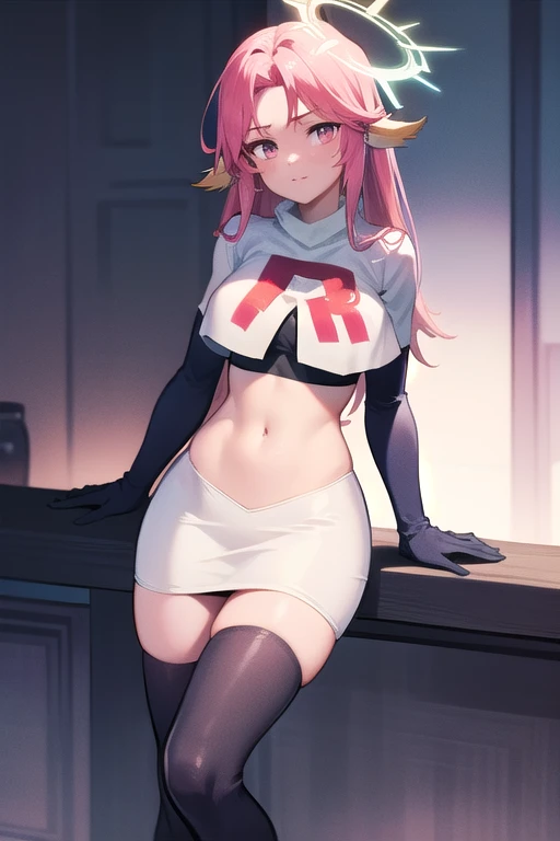 ,best quality,(masterpiece:1.3),cinematic lighting,
ngnl_jibril,long hair,pink hair,halo,team rocket,team rocket uniform,white skirt,red letter R,crop top,black thigh-highs,black elbow gloves,