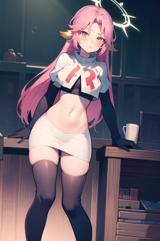 ,best quality,(masterpiece:1.3),cinematic lighting,
ngnl_jibril,long hair,pink hair,halo,team rocket,team rocket uniform,white skirt,red letter R,crop top,black thigh-highs,black elbow gloves,