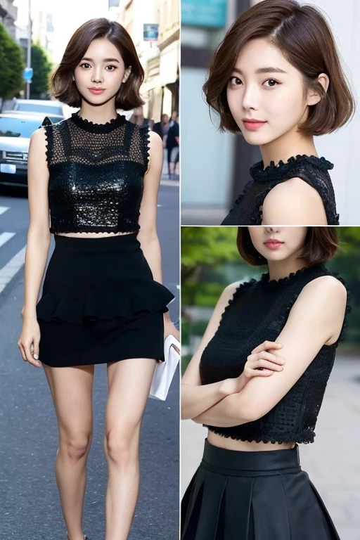 ((best qualtiy,8K,tmasterpiece:1.3)),Perfect beauty:1.4,glute:1.2,(Layered Hair Style:1.2)),(the street:1.3),Highly Detailed Face and Skin Textur,full bodyesbian,Elaborate Eyes,double eyelid,Whitens the skin,Short wave hair,Cute Korean beauty(with a round face:1.5),(Black top,short skirt:1.6)ssmile