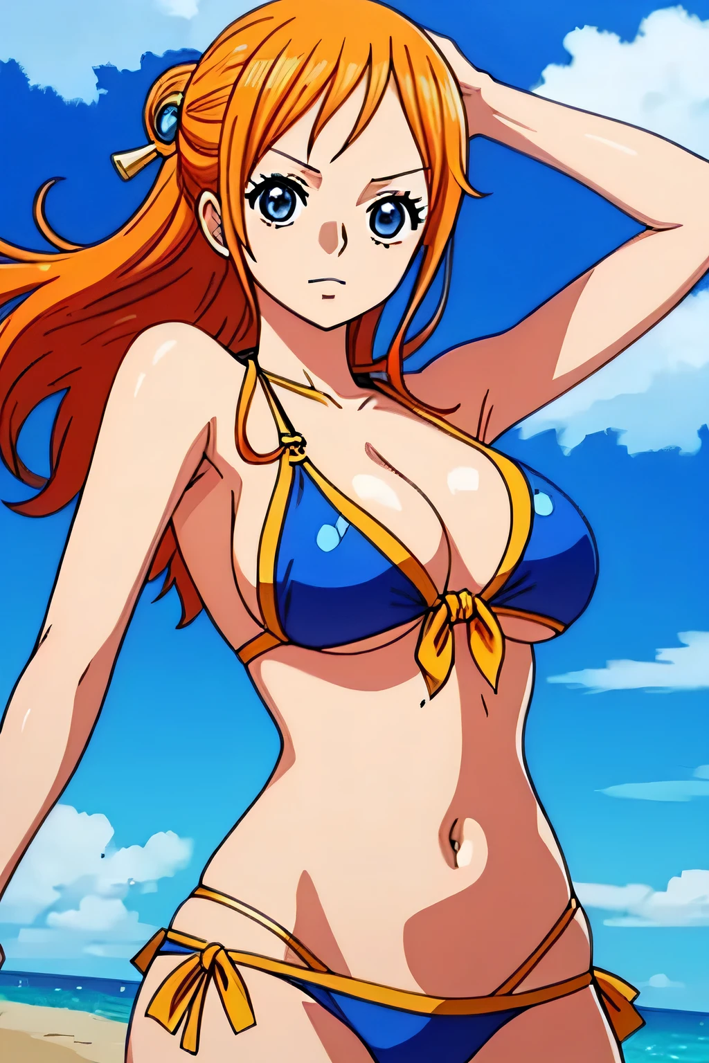 Create a picture of nami from one piece  ultrarealistisch, hot girl, big bust, im bikini, best resolution 
