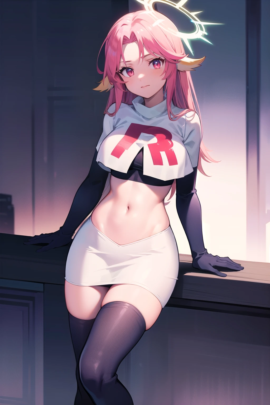 ,best quality,(masterpiece:1.3),cinematic lighting,
ngnl_jibril,long hair,pink hair,halo,team rocket,team rocket uniform,white skirt,red letter R,crop top,black thigh-highs,black elbow gloves,