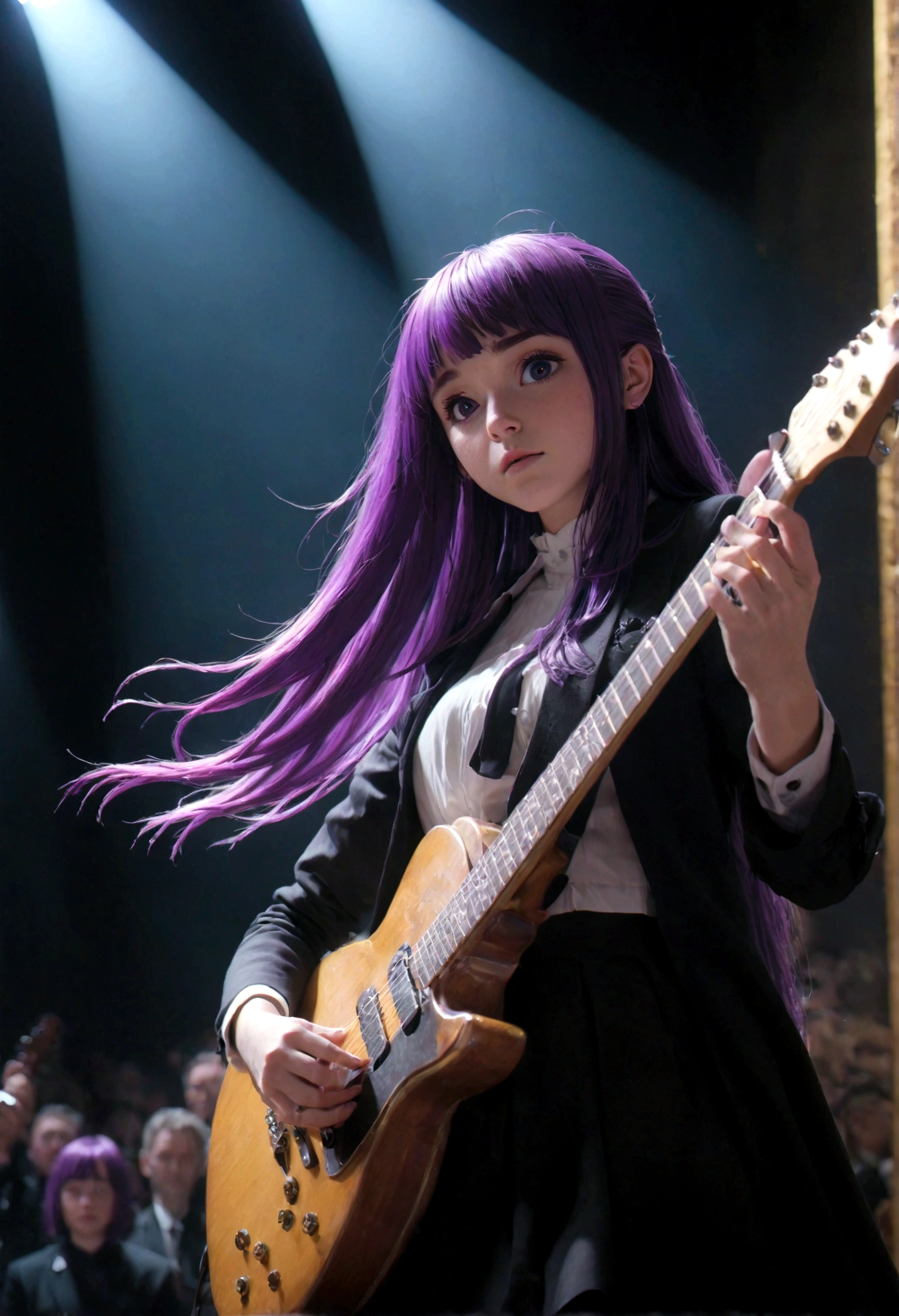 1girl, Fern, f3rn, FernFrieren, Frieren at the Funeral, Guitarist, on stage, spotlight, purple hair, long hair, straight hair, dramatic composition, cinematic dynamic action scene, vibrant colors, cinematic lighting, dramatic lighting, best quality, masterpiece, very aesthetic, perfect composition, intricate details, ultra-detailed