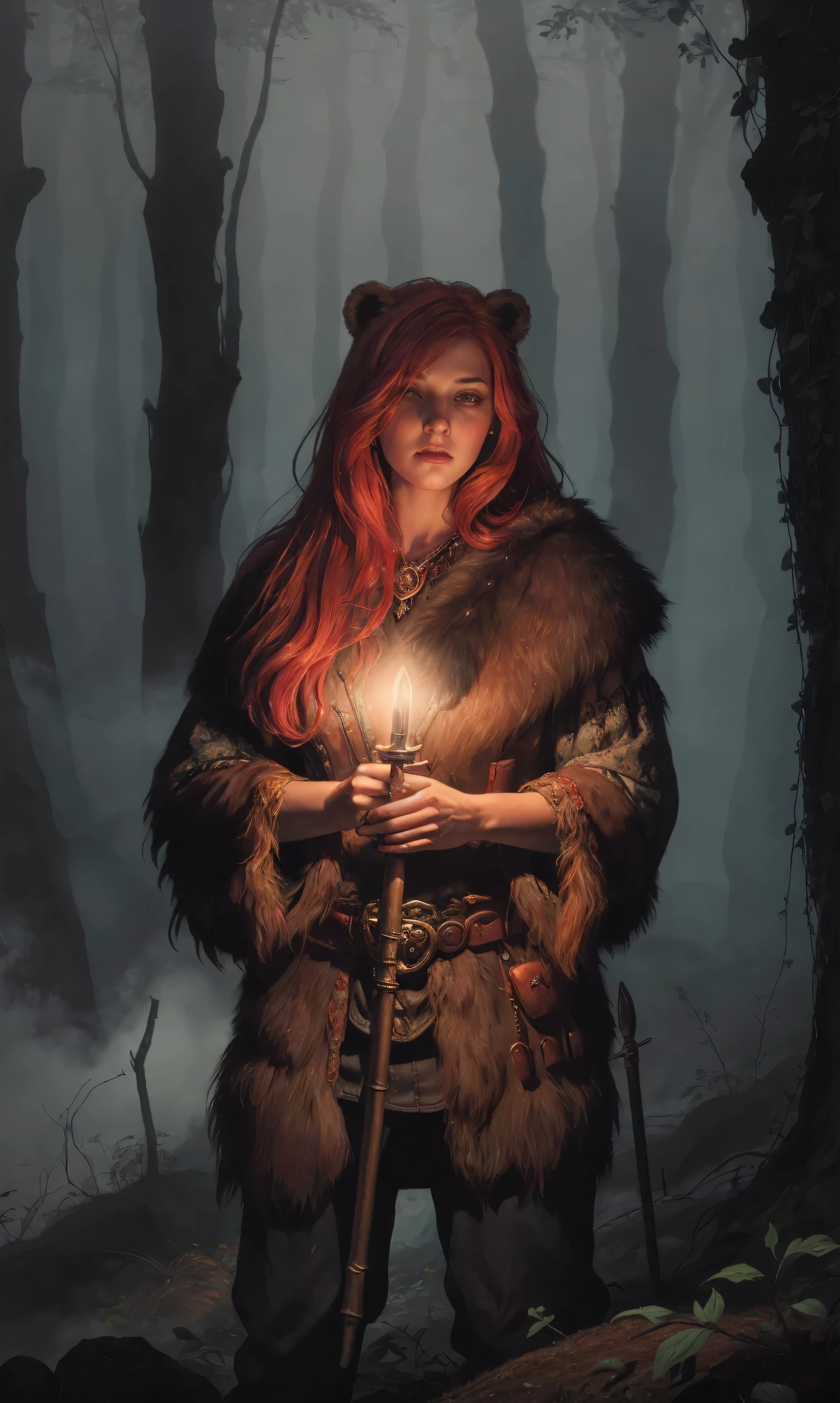 advdnd2023, novel illustration, intricate art, 1girl, female, a woman, redhead, wearing a bear skin, positioned in a dense forest, glowing red eyes, holding a torch, gloomy atmosphere with fog, detailed painting style, realistic light and shadows, painting, open field