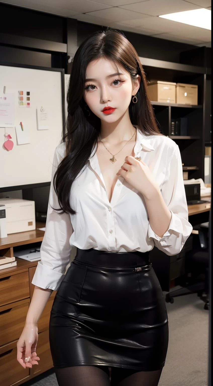 Beautiful Girl, Korean makeup, Red lips, Perfect body, medium chest, thigh, walk, Going, secretary, office, necklace slit shirt, Pencil skirt, black tights, View of the office,