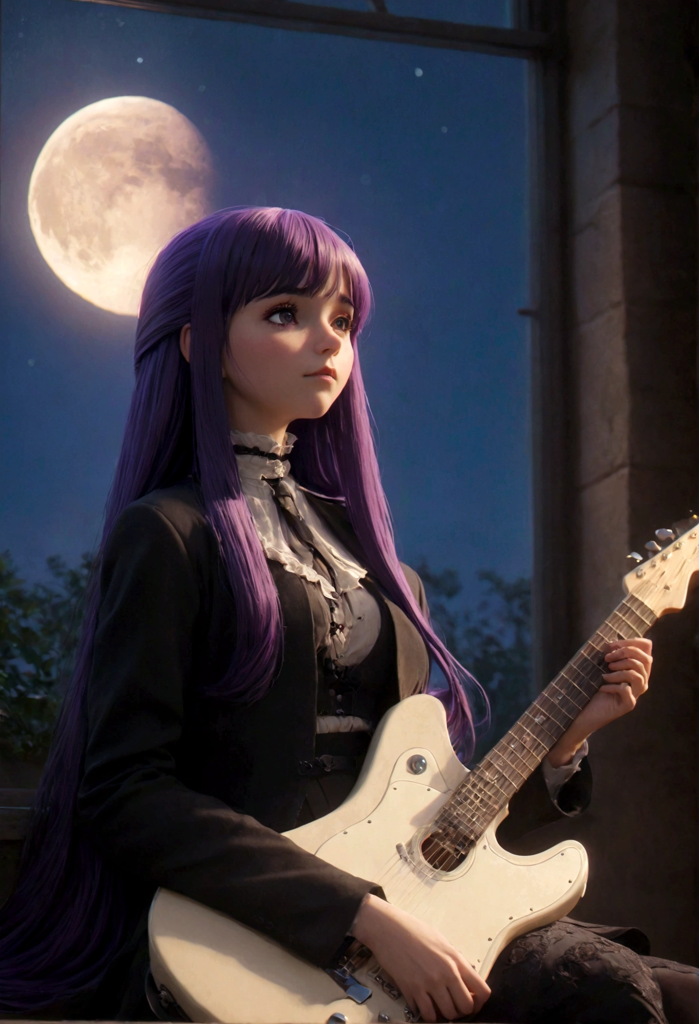 1girl, Fern, f3rn, FernFrieren, Frieren at the Funeral, Guitarist, sit by window, moon, purple hair, long hair, straight hair, dramatic composition, cinematic dynamic action scene, vibrant colors, cinematic lighting, dramatic lighting, best quality, masterpiece, very aesthetic, perfect composition, intricate details, ultra-detailed