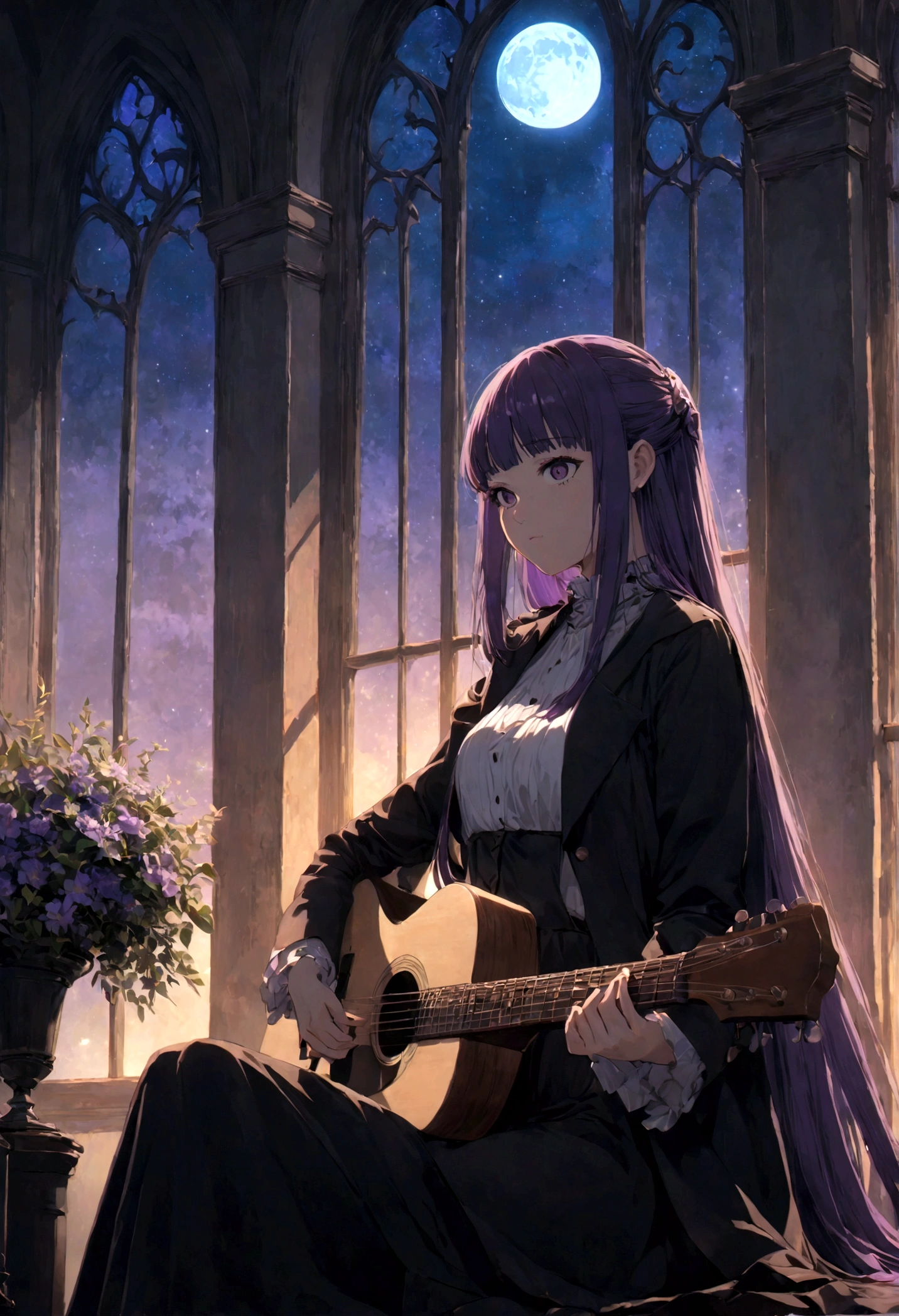 1girl, Fern, f3rn, FernFrieren, Frieren at the Funeral, Guitarist, sit by window, moon, purple hair, long hair, straight hair, dramatic composition, cinematic dynamic action scene, vibrant colors, cinematic lighting, dramatic lighting, best quality, masterpiece, very aesthetic, perfect composition, intricate details, ultra-detailed