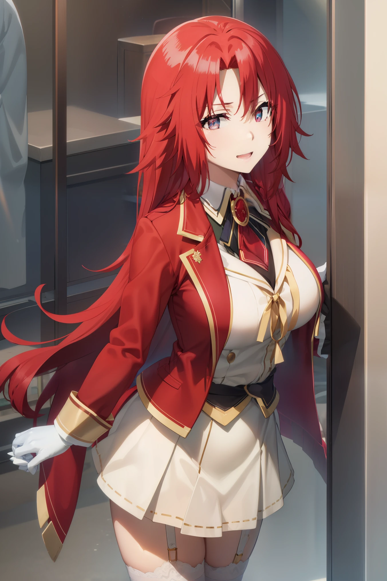 BREAK (masutepiece:1.2), Best Quality, High resolution, Unity 8k Wallpaper, (Beautiful detailed eyes:1.6), extra detailed face, Perfect Lighting, extremely details CG,1 girl、solo、Iris,RED HAIR,RED EYES, (Viewer's Perspective、cowboy shot:1)、(student clothes、Red Blazer、a red jacket、robe blanche 、(White skirt)、pleatedskirt、Blue bow tie、White Niso、garter strap、Absolute area:1.4)、Naughty big、large full breasts、(Perfect hands, Perfect Anatomy),Look at viewers、a smile、is standing、outside of house、plein air、