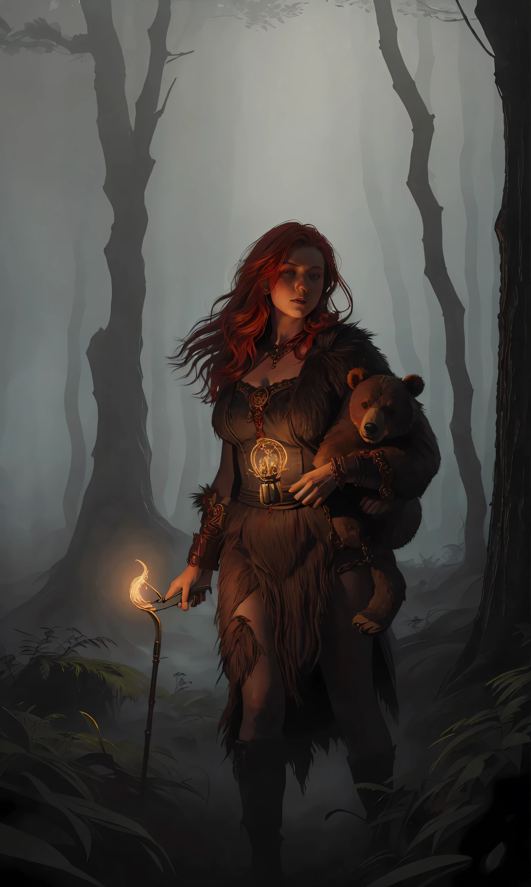 advdnd2023, novel illustration, intricate art, 1girl, female, a woman, redhead, wearing a bear skin, positioned in a dense forest, glowing red eyes, holding a torch, gloomy atmosphere with fog, detailed painting style, realistic light and shadows, painting, open field