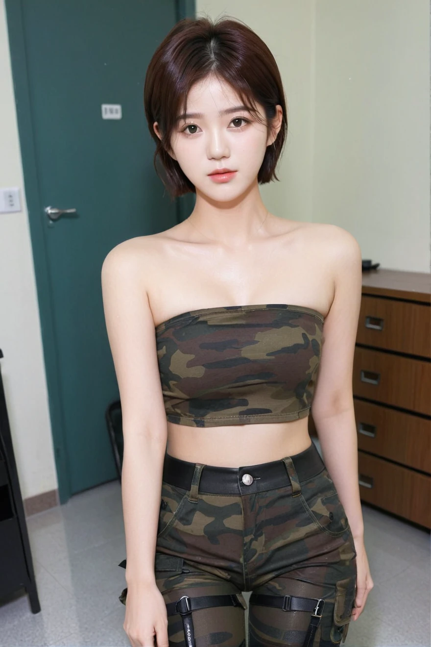 close-up of beautiful South Korean, Jang Eunbi is a video creator korean girl, youthful face, perfect body, white skin body, sexy looking pose, pose a naughty look, pixie cut, male hair, black hair, 34 inches breasts size, wearing a tight camouflage strapless tube top, wearing a tight camouflage very short legging pants, my hair was held by a male soldiers, then my male soldiers held a pair of scissors in his right hand, then cut my hair to pixie forcefully by the male soldiers using the scissors with a sigh, strand after strand of Eunbi's hair fell down, pieces of Eunbi’s hair now filled the floor around where she was sitting, at the male-only military dormitory bedroom, UHD