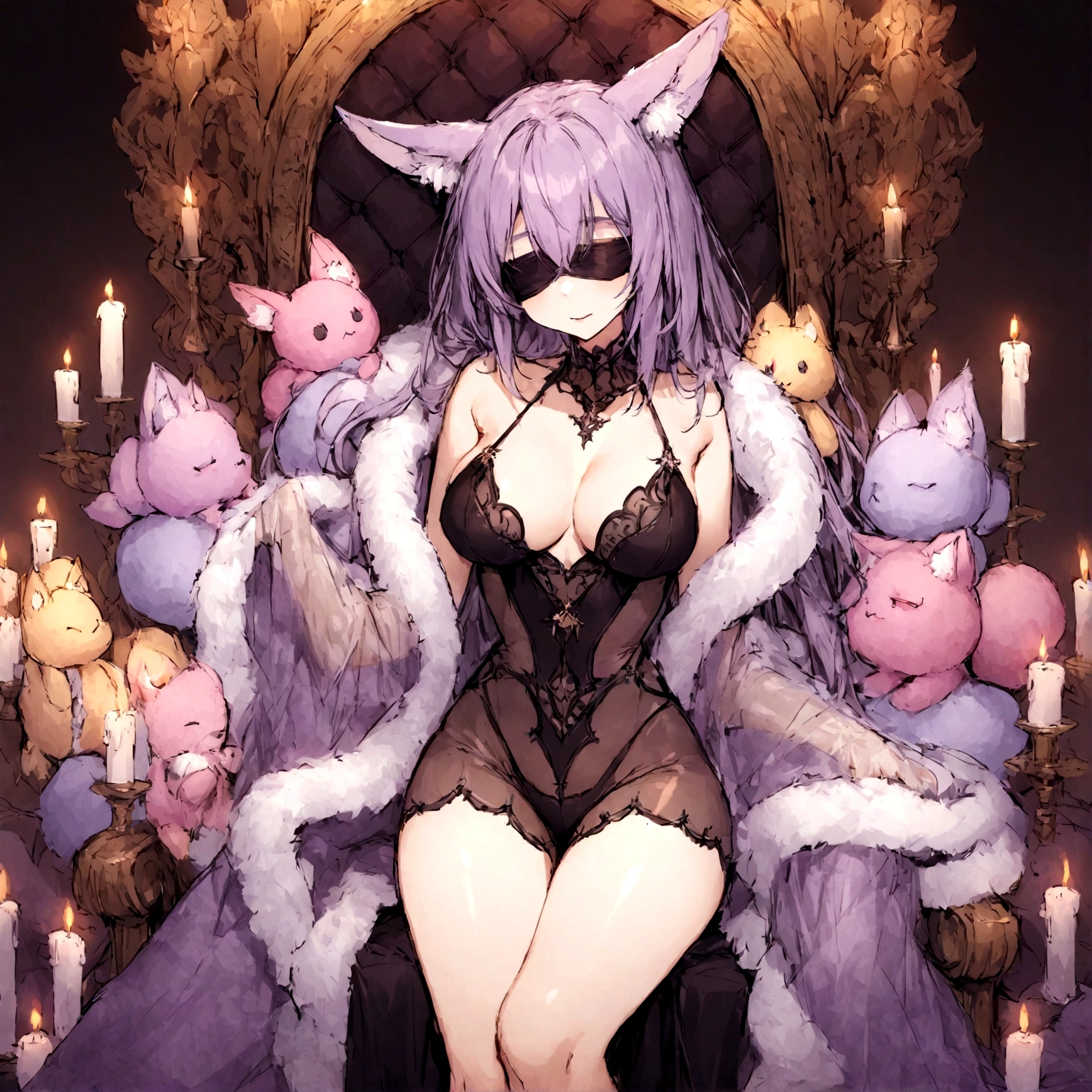 a sexy milf with a blindfold on, has very long purple hair, wearing fur lined sheer robe, breasts, showing cleavage, has fox ears, relaxing on a throne, surrounded by candles and soft multi colored fuzzy plushies