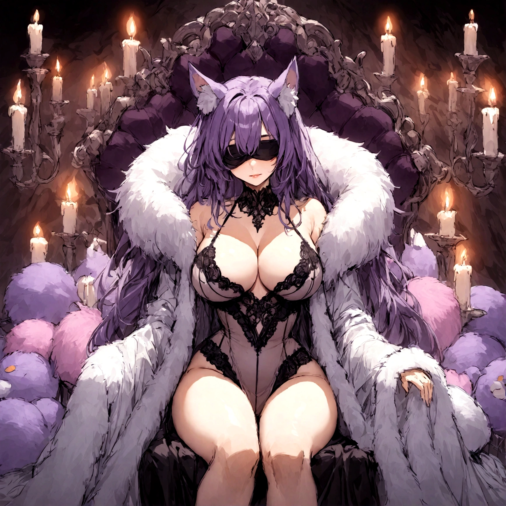 a sexy milf with a blindfold on, has very long purple hair, wearing fur lined sheer robe, breasts, showing cleavage, has fox ears, relaxing on a throne, surrounded by candles and soft multi colored fuzzy plushies