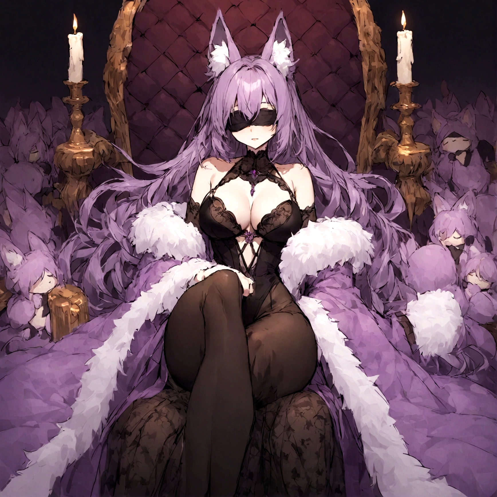 a sexy milf with a blindfold on, has very long purple hair, wearing fur lined sheer robe, breasts, showing cleavage, has fox ears, relaxing on a throne, surrounded by candles and soft multi colored fuzzy plushies