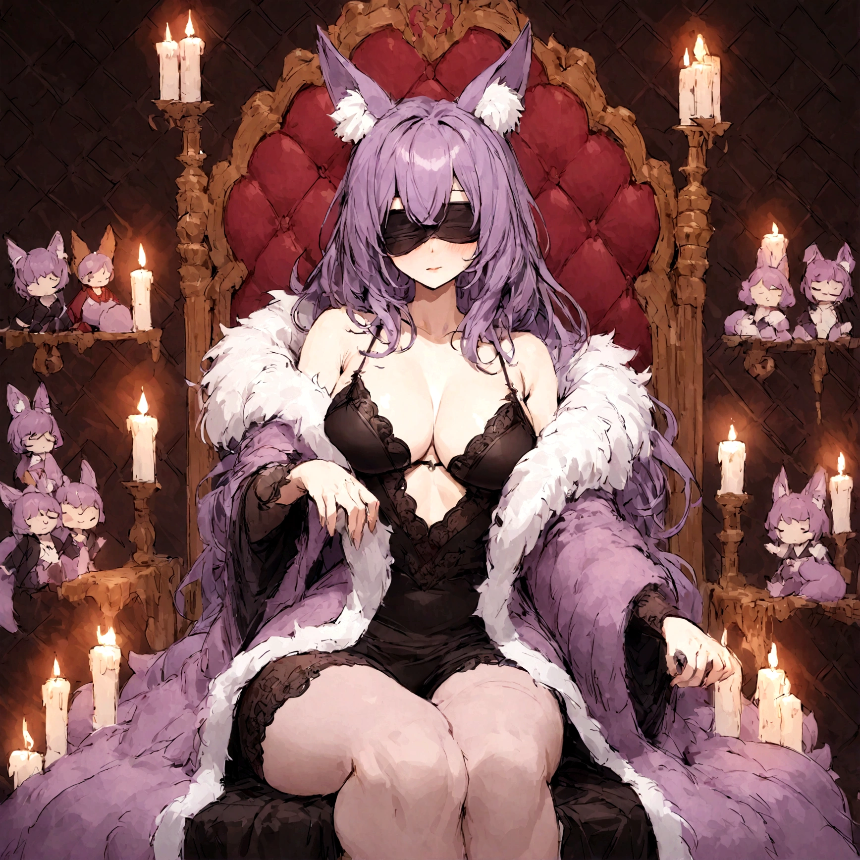 a sexy milf with a blindfold on, has very long purple hair, wearing fur lined sheer robe, breasts, showing cleavage, has fox ears, relaxing on a throne, surrounded by candles and soft multi colored fuzzy plushies