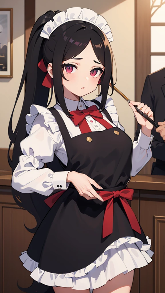 adulto, Cabello negro ondulado, mirada penetrante con ojos profundos de color rojo, estatura promedio, Silky hair with a ponytail hairstyle collected with a red bow with two white lines, tiene pechos medianos, primer plano, session, standing in the middle of his room [[[Risa malvada]]] , Sonrojada, muslos grandes, maid, sirvienta, nsfw, calzon blanco, raising her maid&#39;s skirt to show her panties to the camera, lifting her skirt to show her panties, agarrando la falda con sus dos manos para levantarla, SHOWING PANTIES, calzon blanco, falda levantada 