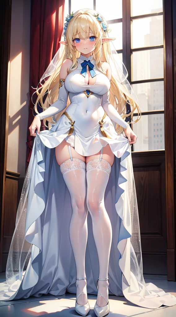 Blonde hair and blue eyes Long Hair Elf Large Breasts Wedding dress leotard mini skirt White Stockings White high heels erotic Beauty cute Hands tied behind your back Scared Crying face Kidnapped
