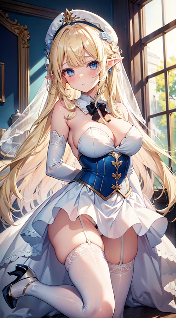 Blonde hair and blue eyes　Long Hair　Elf　Large Breasts　Wedding dress　leotard　mini skirt　White Stockings　White high heels　erotic　Beauty　cute　Hands tied behind your back　Scared　Crying face　Kidnapped