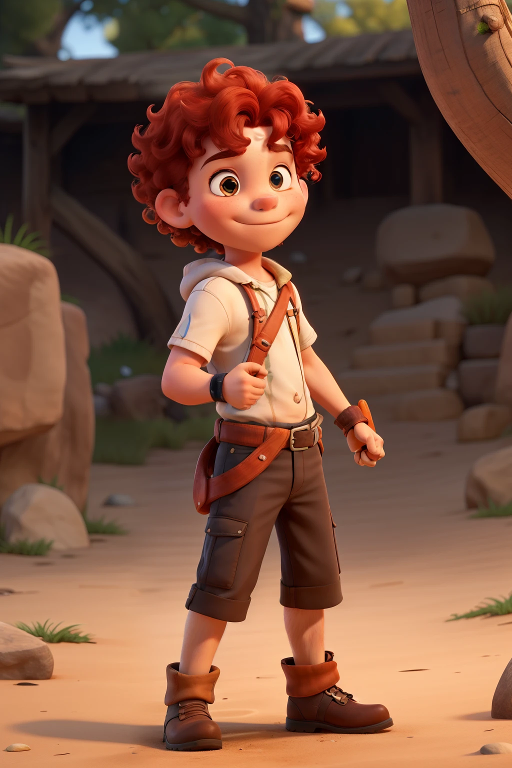 I want a curly red-haired boy with a slingshot in his hand and wearing a warrior outfit.