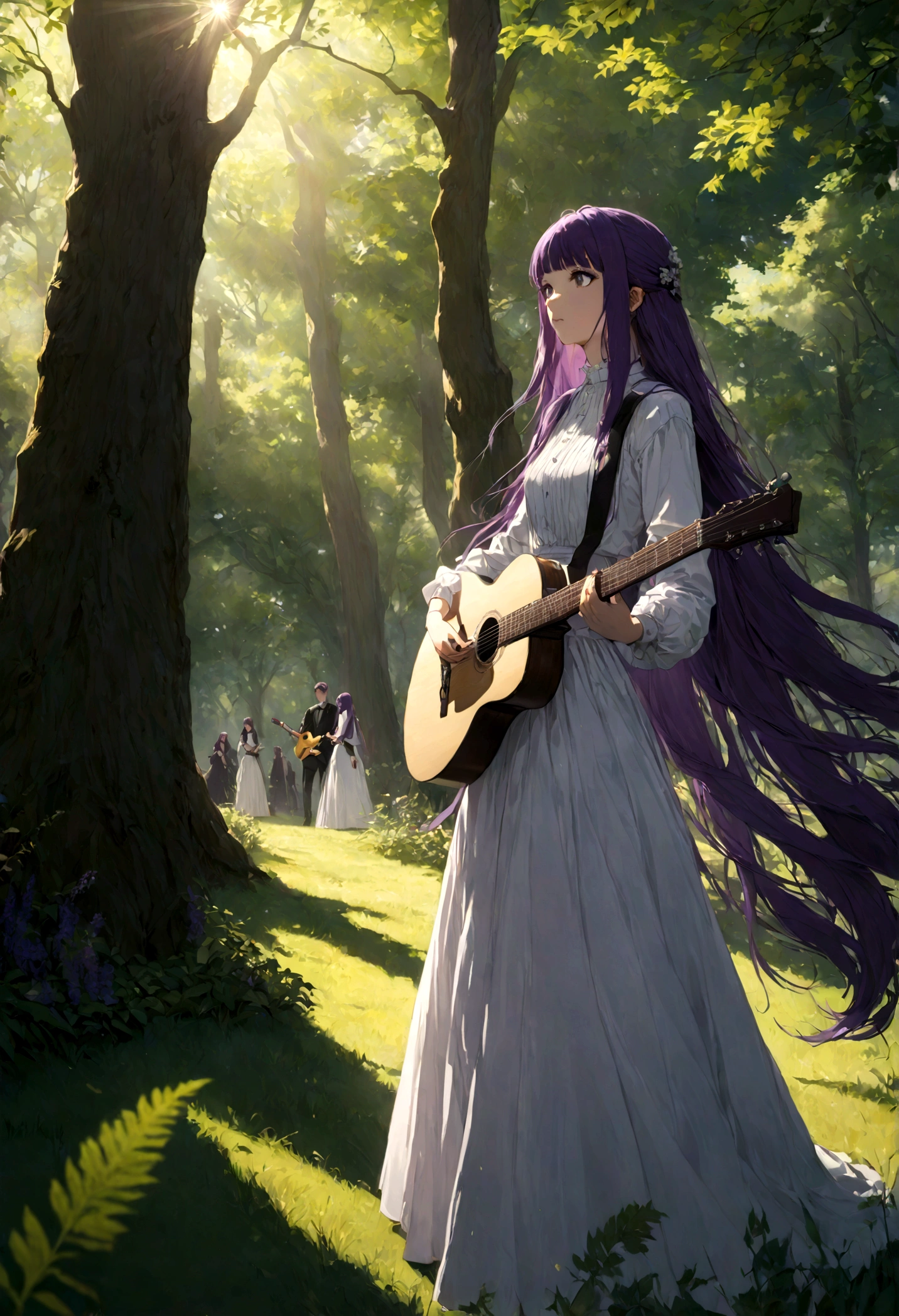 1girl, Fern, f3rn, FernFrieren, Frieren at the Funeral, Guitarist, grass, sunlight, purple hair, long hair, straight hair, dramatic composition, cinematic dynamic action scene, vibrant colors, cinematic lighting, dramatic lighting, best quality, masterpiece, very aesthetic, perfect composition, intricate details, ultra-detailed