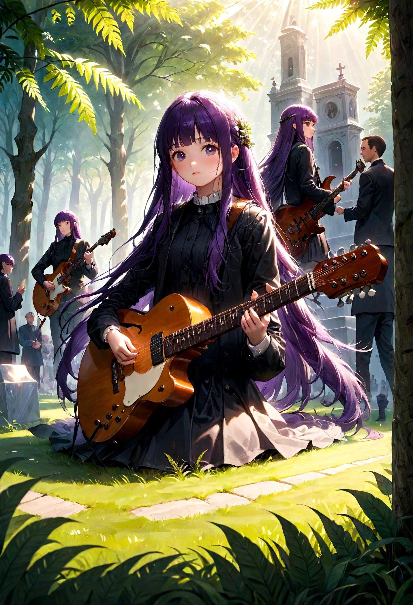 1girl, Fern, f3rn, FernFrieren, Frieren at the Funeral, Guitarist, grass, sunlight, purple hair, long hair, straight hair, dramatic composition, cinematic dynamic action scene, vibrant colors, cinematic lighting, dramatic lighting, best quality, masterpiece, very aesthetic, perfect composition, intricate details, ultra-detailed