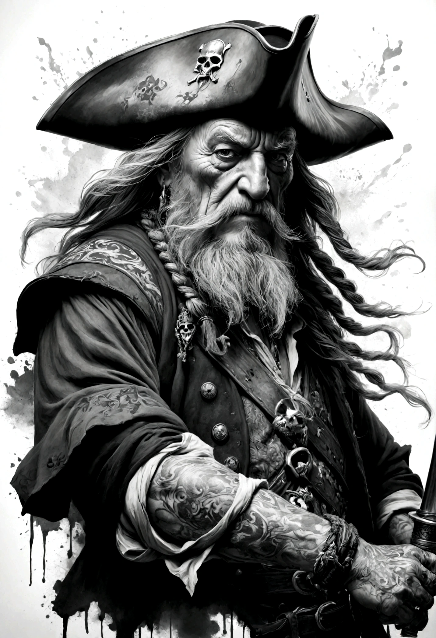 old man Hector Barbossa Pirates warrior, tattoo art, ink splash, swirl of ink, art at it finest, black whiter and grey, blood