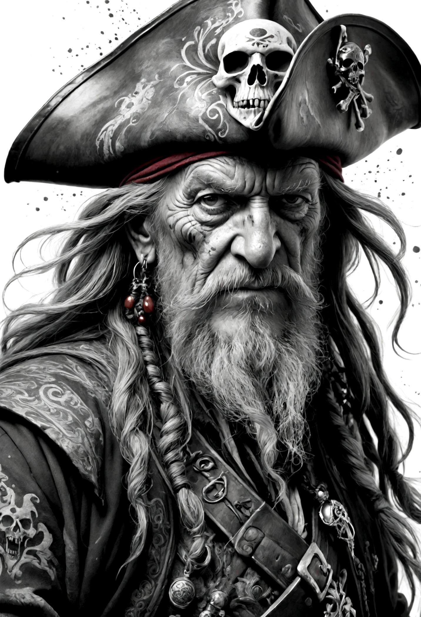 old man Hector Barbossa Pirates warrior, tattoo art, ink splash, swirl of ink, art at it finest, black whiter and grey, blood