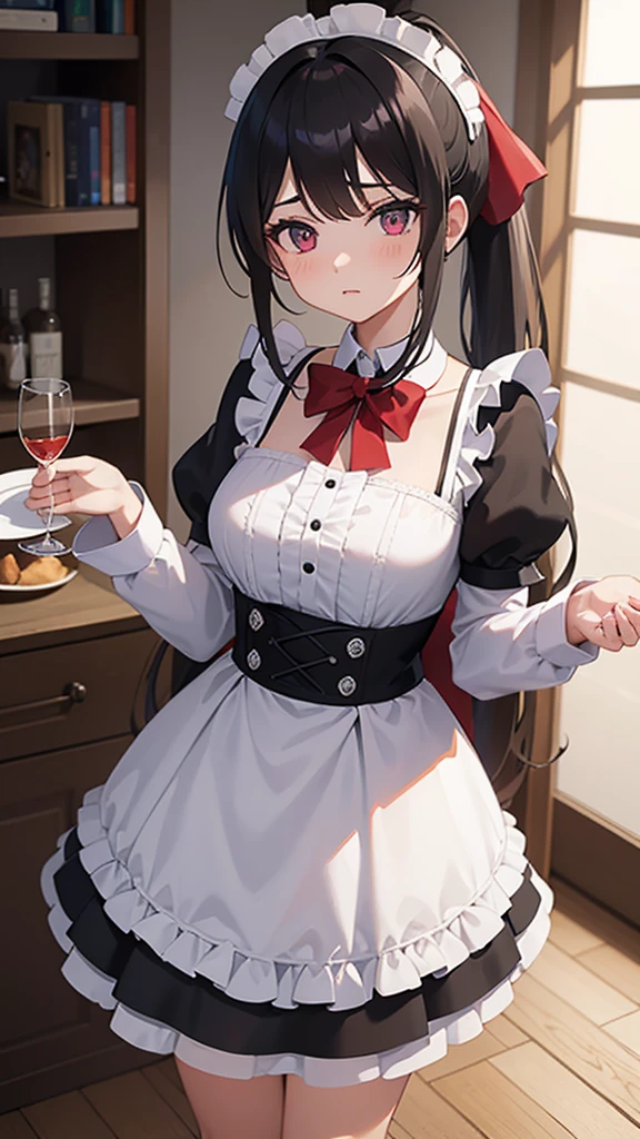 adulto, Cabello negro ondulado, mirada penetrante con ojos profundos de color rojo, estatura promedio, Silky hair with a ponytail hairstyle collected with a red bow with two white lines, tiene pechos medianos, primer plano, session, standing in the middle of his room [[[Risa malvada]]] , Sonrojada, muslos grandes, maid, sirvienta, nsfw, calzon blanco, raising her maid&#39;s skirt to show her panties to the camera, lifting her skirt to show her panties, agarrando la falda con sus dos manos para levantarla, SHOWING PANTIES, calzon blanco, falda levantada 
