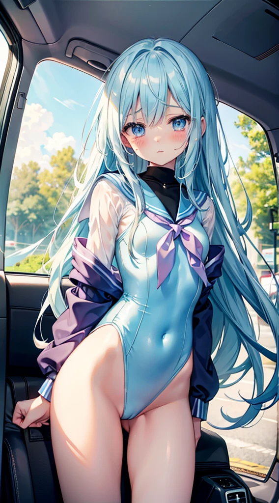 light blue Long Hair Lori Magical girl Sailor leotard beautiful girl slender Embarrassing blush Hands tied behind your back Scared Crying face Kidnapped In the car Tattered clothes
