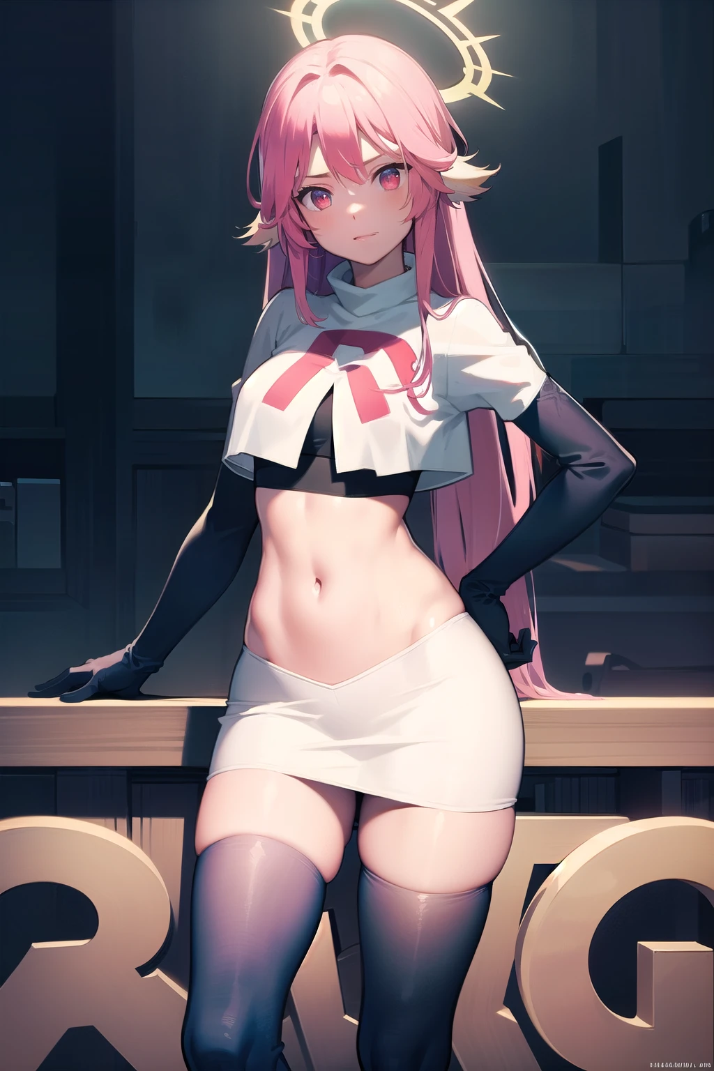 ,best quality,(masterpiece:1.3),cinematic lighting,
ngnl_jibril,long hair,pink hair,halo,team rocket,team rocket uniform,white skirt,red letter R,crop top,black thigh-highs,black elbow gloves,