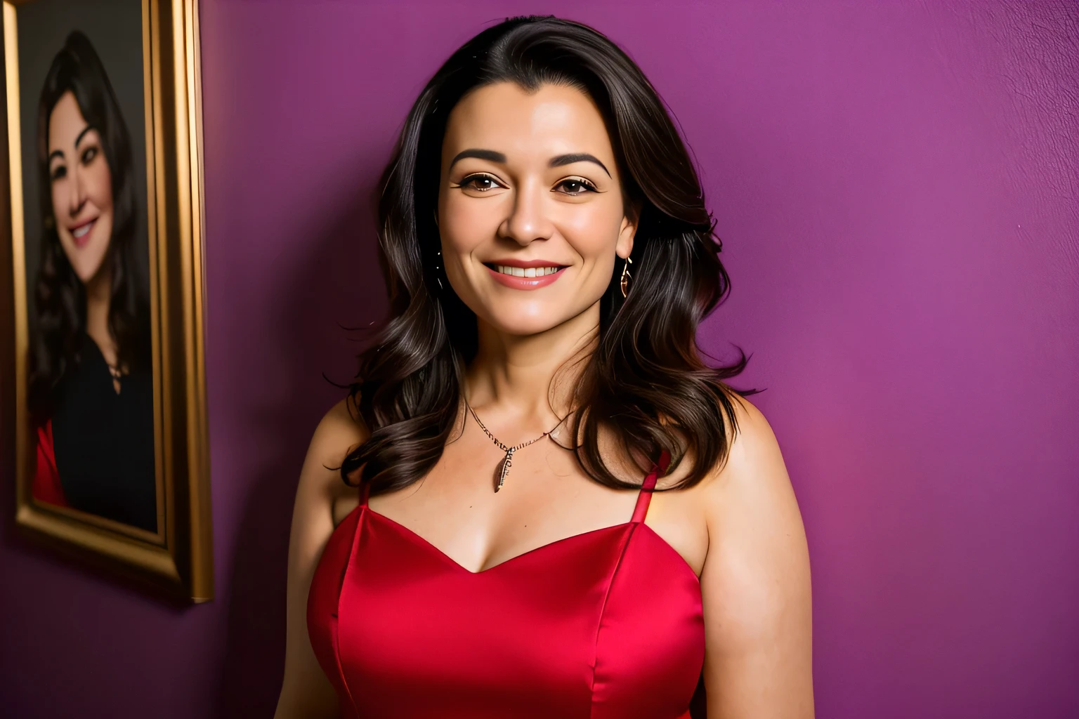 smiling woman in red dress standing in front of a purple wall, sandra chevier, by Amelia Peláez, 40 years old women, by Verónica Ruiz de Velasco, ana de la reguera portrait, by Nándor Katona, photo of sheryl sandberg, dawn mcteigue, diane ramic, mina petrovic