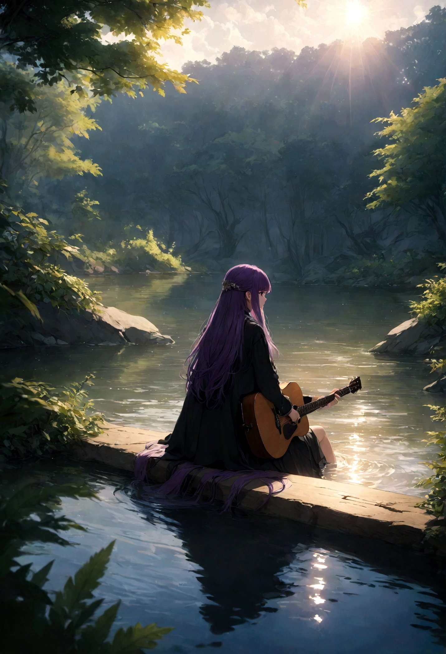 1girl, Fern, f3rn, FernFrieren, Frieren at the Funeral, Guitarist, sit by water, summer, purple hair, long hair, straight hair, dramatic composition, cinematic dynamic action scene, vibrant colors, cinematic lighting, dramatic lighting, best quality, masterpiece, very aesthetic, perfect composition, intricate details, ultra-detailed