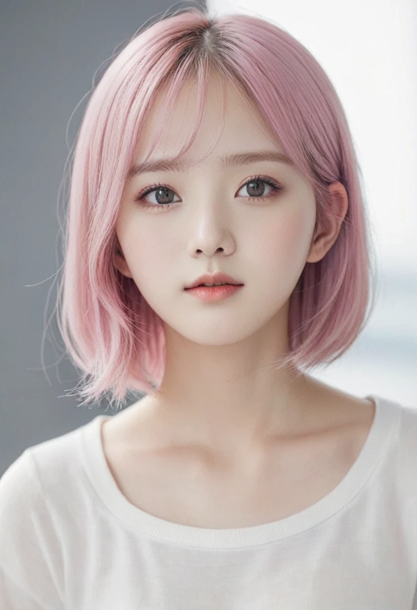 Korean. Super detailed. Soft pink hair. White skin. Monolithic eyes. Subtle facial features. Thin face. 13 year old. Thin eyebrows. A truly masterpiece. Top quality. Reality.