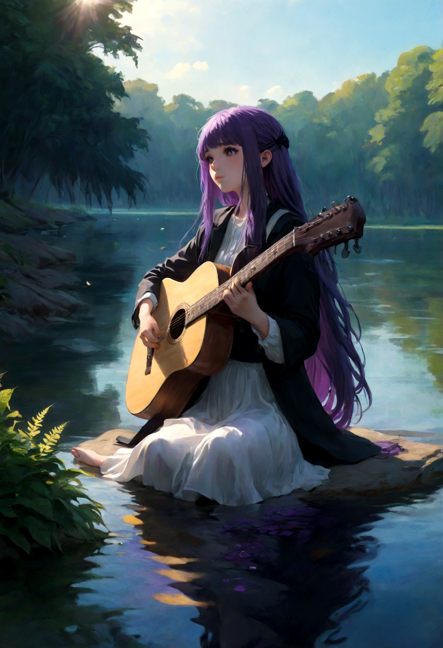 1girl, Fern, f3rn, FernFrieren, Frieren at the Funeral, Guitarist, sit by water, summer, purple hair, long hair, straight hair, dramatic composition, cinematic dynamic action scene, vibrant colors, cinematic lighting, dramatic lighting, best quality, masterpiece, very aesthetic, perfect composition, intricate details, ultra-detailed