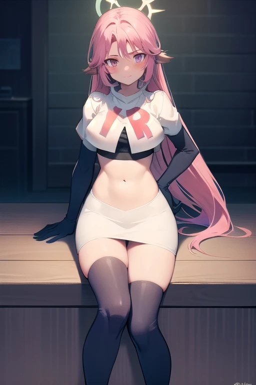 ,best quality,(masterpiece:1.3),cinematic lighting,
ngnl_jibril,long hair,pink hair,halo,team rocket,team rocket uniform,white skirt,red letter R,crop top,black thigh-highs,black elbow gloves,