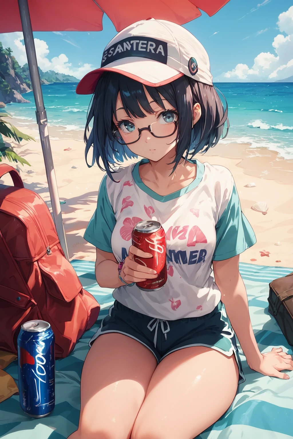 Tomboy girl with Yankees cap, black hair tied up with a cigarette in her mouth looking at the sunrise on the beach with a case of beer along with an Adidas jacket and Adidas shoes and a bottle of beer