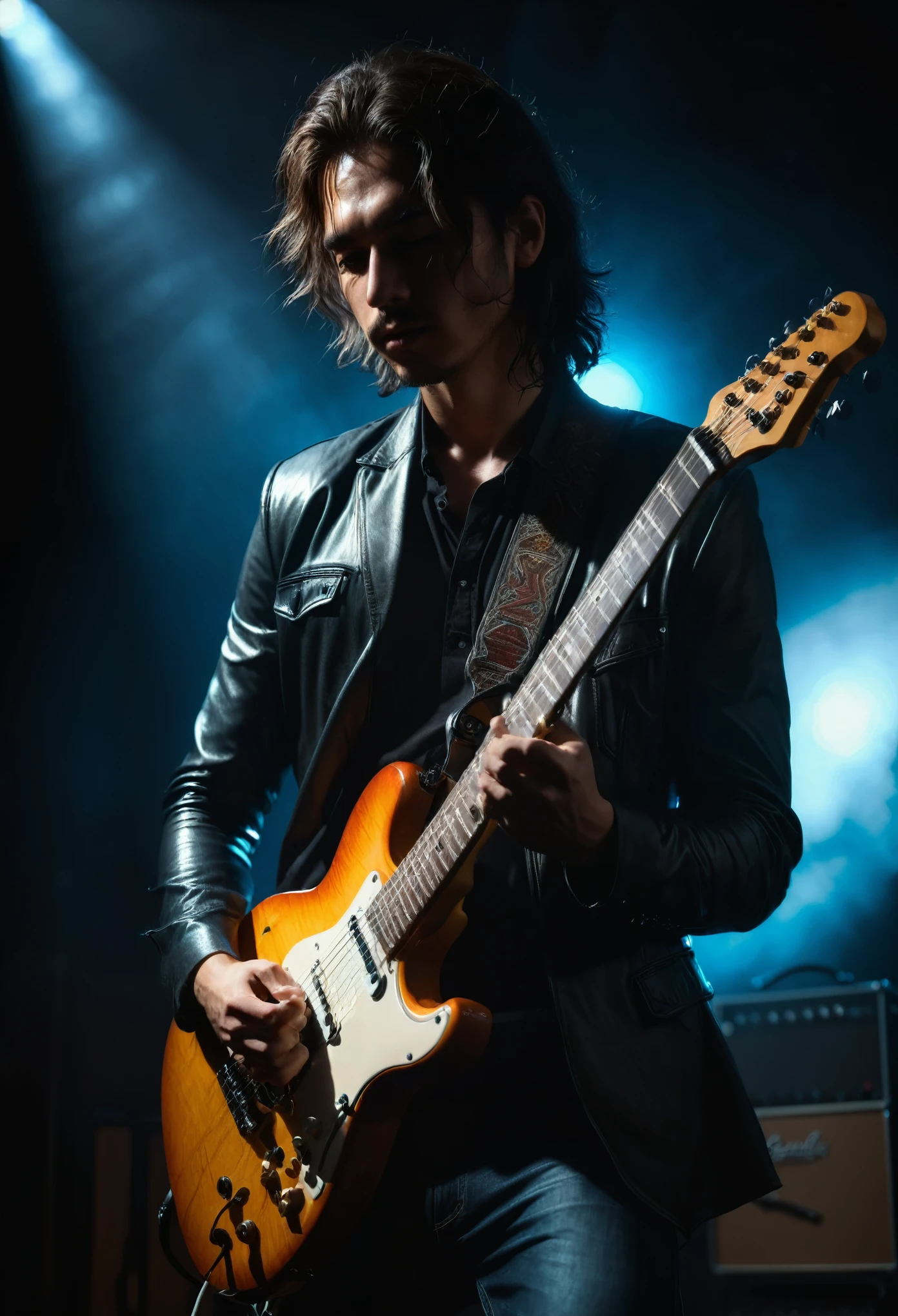 Guitarist, a guitarist playing an electric guitar, detailed, 8k, cinematic lighting, dramatic pose, intense expression, intricate guitar details, strings and fretboard visible, chiaroscuro lighting, dramatic shadows, moody atmosphere, cool color tones