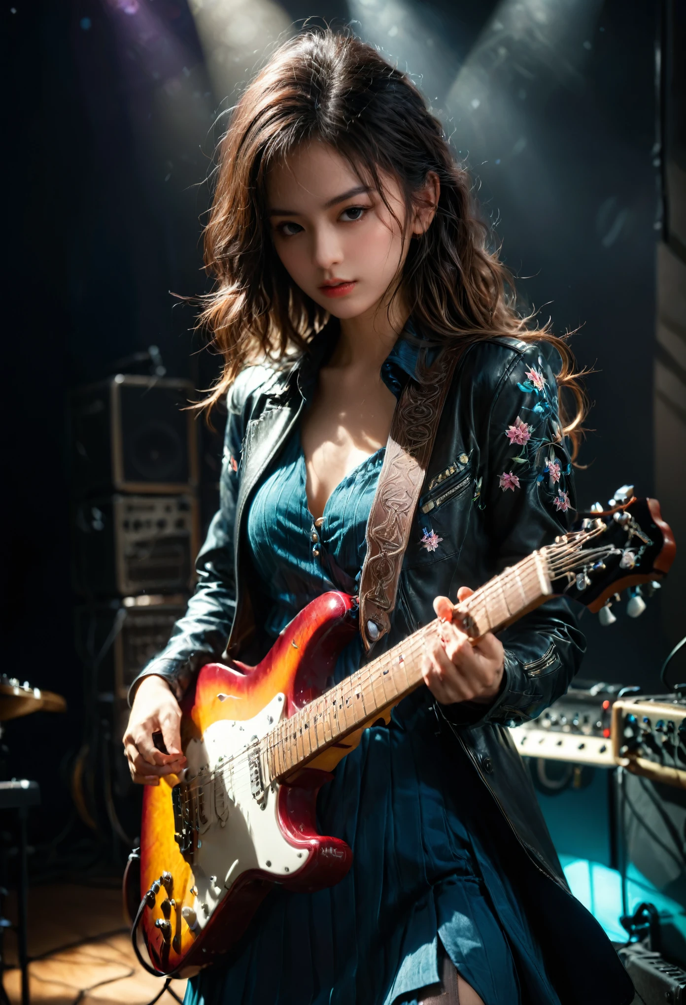 Guitarist, a guitarist playing an electric guitar, detailed, 8k, cinematic lighting, dramatic pose, intense expression, intricate guitar details, strings and fretboard visible, chiaroscuro lighting, dramatic shadows, moody atmosphere, cool color tones