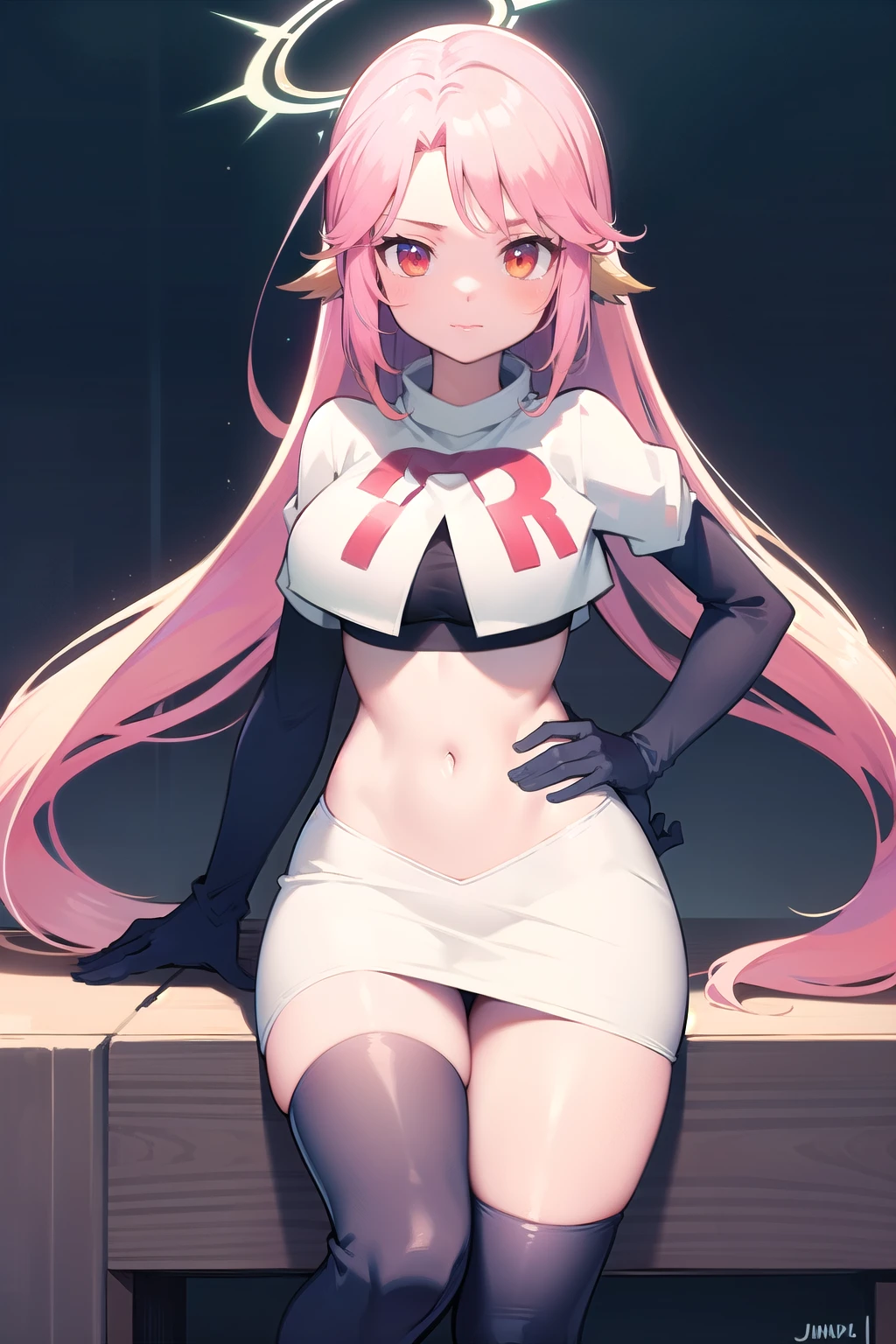 ,best quality,(masterpiece:1.3),cinematic lighting,
ngnl_jibril,long hair,pink hair,halo,team rocket,team rocket uniform,white skirt,red letter R,crop top,black thigh-highs,black elbow gloves,