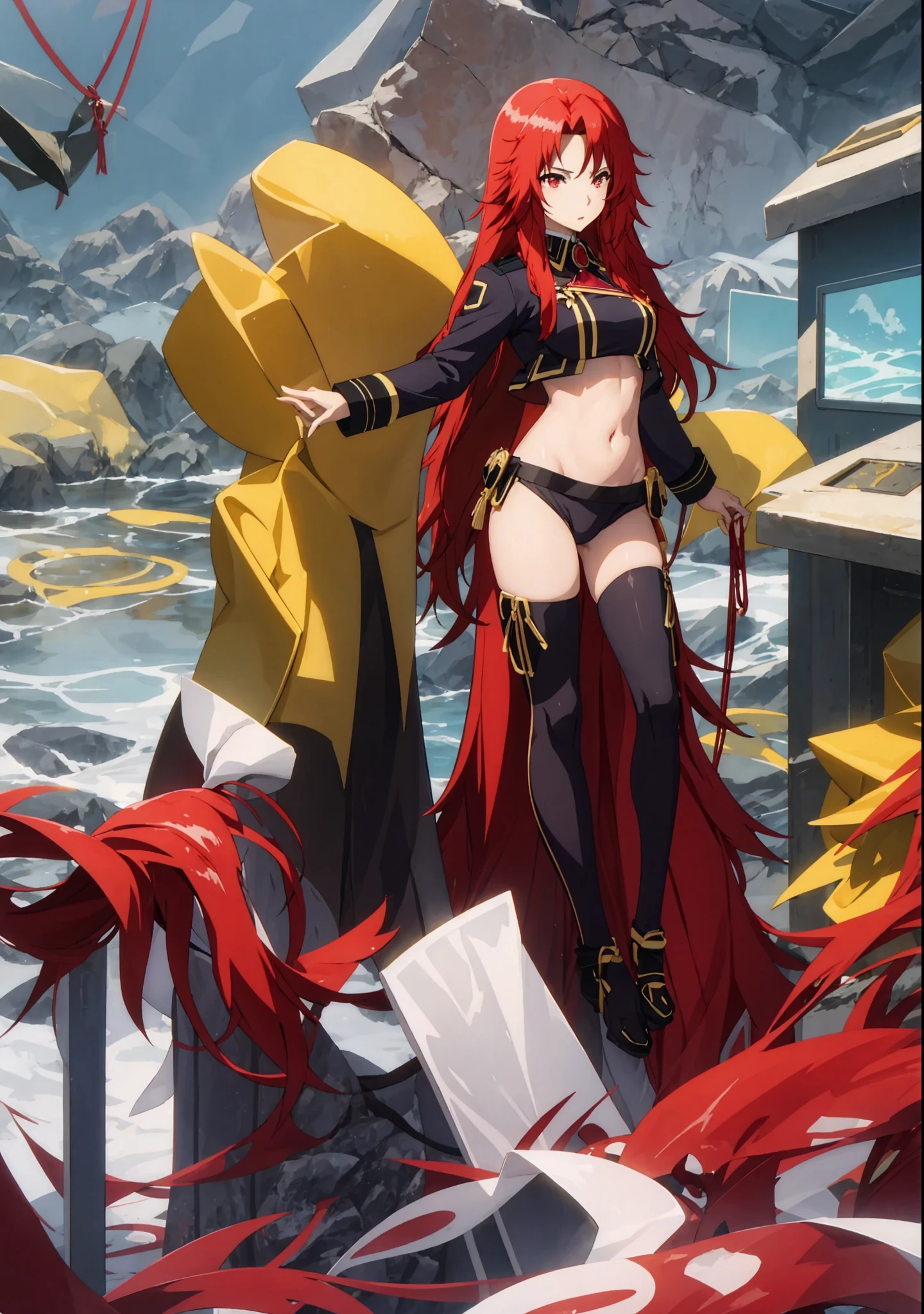 Iris,RED HAIR,RED EYES,  Uniform with navel out、Face forward and show your navel to this side、standing straight ahead.Front Angle、lowrise.Midriff、Expand the navel with your fingers、Navel、a blond、Longhaire、the navel is large、With both hands tied with ropes、Bondage
