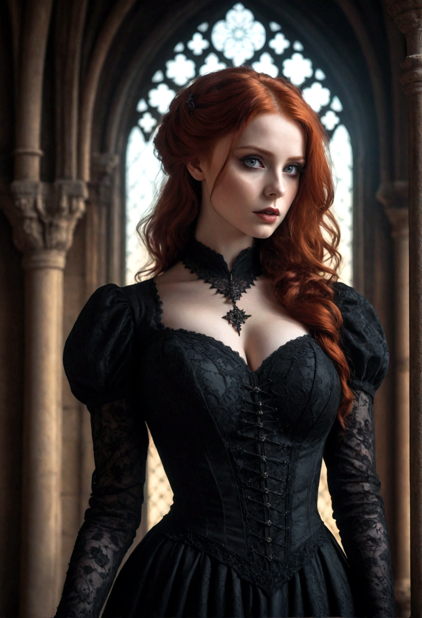 a beautiful redhead girl with large breasts, wearing a beautiful gothic style dress, gothic style background, detailed face, detailed eyes, detailed lips, intricate gothic architecture, moody dramatic lighting, dark shadows, cinematic composition, dark color palette, rich textures, ultra-detailed, photorealistic, 8k