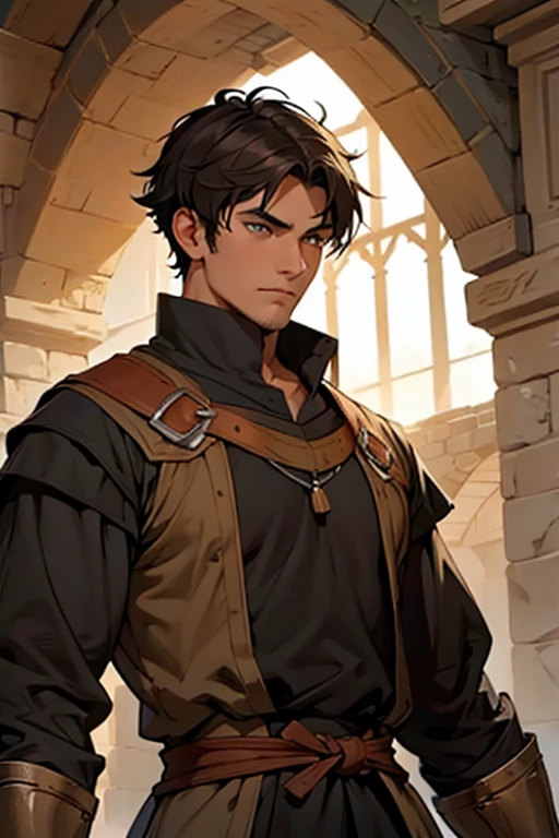 a handsome serious male peasant in medieval times, jet black short hair, hazel brown eyes, medieval outfit, tunic