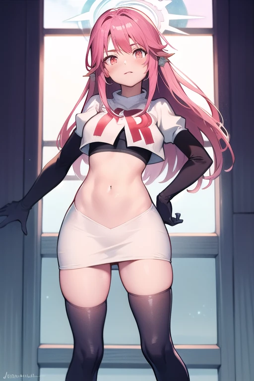 ,best quality,(masterpiece:1.3),cinematic lighting,
ngnl_jibril,long hair,pink hair,halo,team rocket,team rocket uniform,white skirt,red letter R,crop top,black thigh-highs,black elbow gloves,