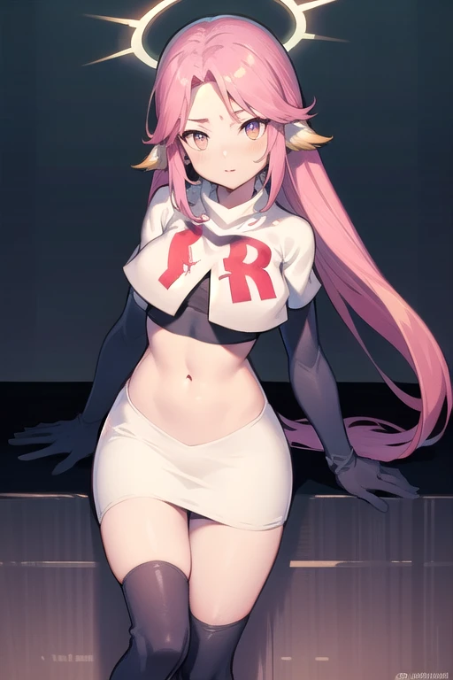 ,best quality,(masterpiece:1.3),cinematic lighting,
ngnl_jibril,long hair,pink hair,halo,team rocket,team rocket uniform,white skirt,red letter R,crop top,black thigh-highs,black elbow gloves,