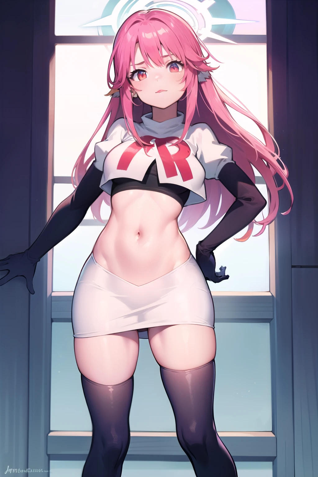 ,best quality,(masterpiece:1.3),cinematic lighting,
ngnl_jibril,long hair,pink hair,halo,team rocket,team rocket uniform,white skirt,red letter R,crop top,black thigh-highs,black elbow gloves,